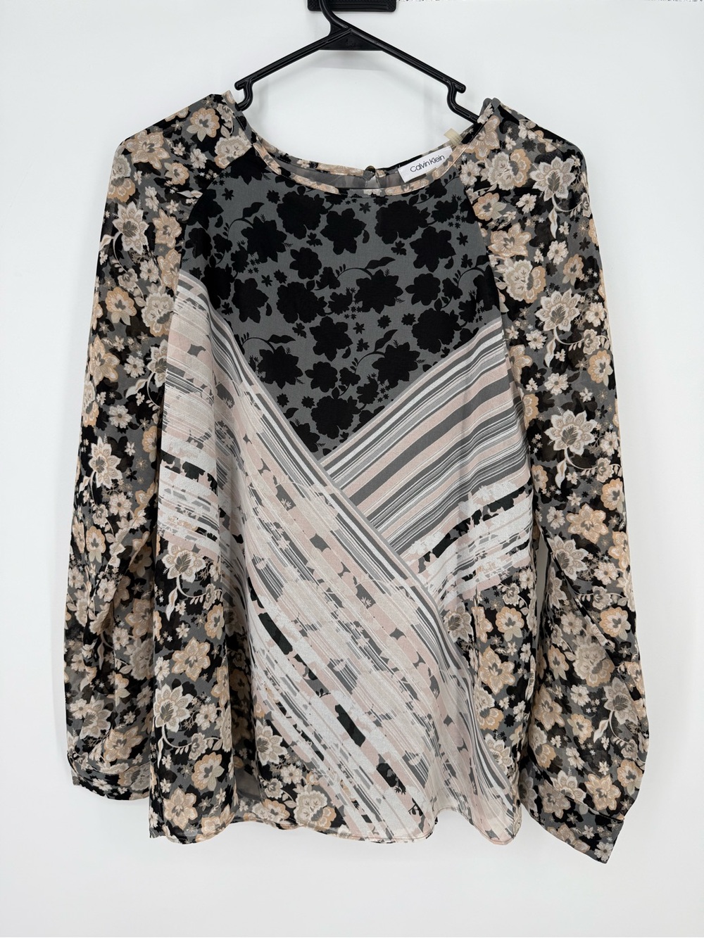 Calvin Klein Black and Beige Floral Mixed-Print Long Sleeve Top Small